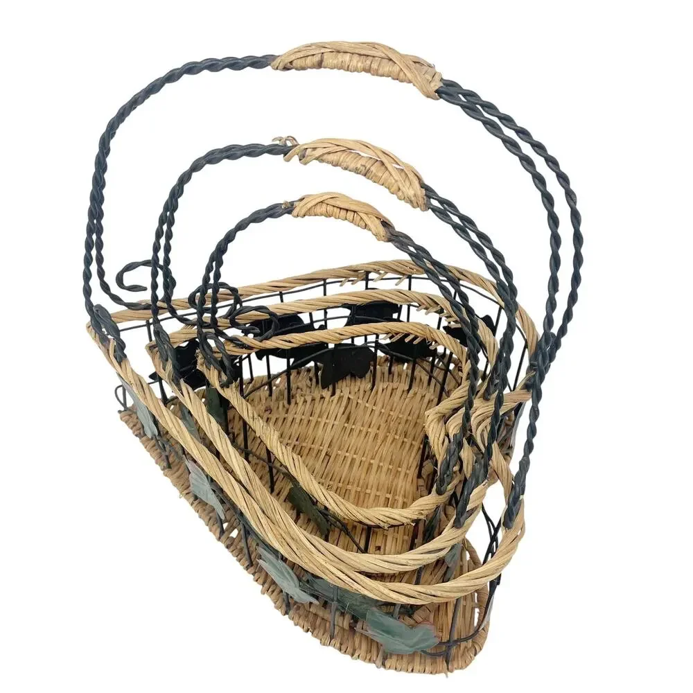 Vintage 90's Heart Shape Nesting Baskets‎ 3 Pc Twisted Handle Metal Green Ivy